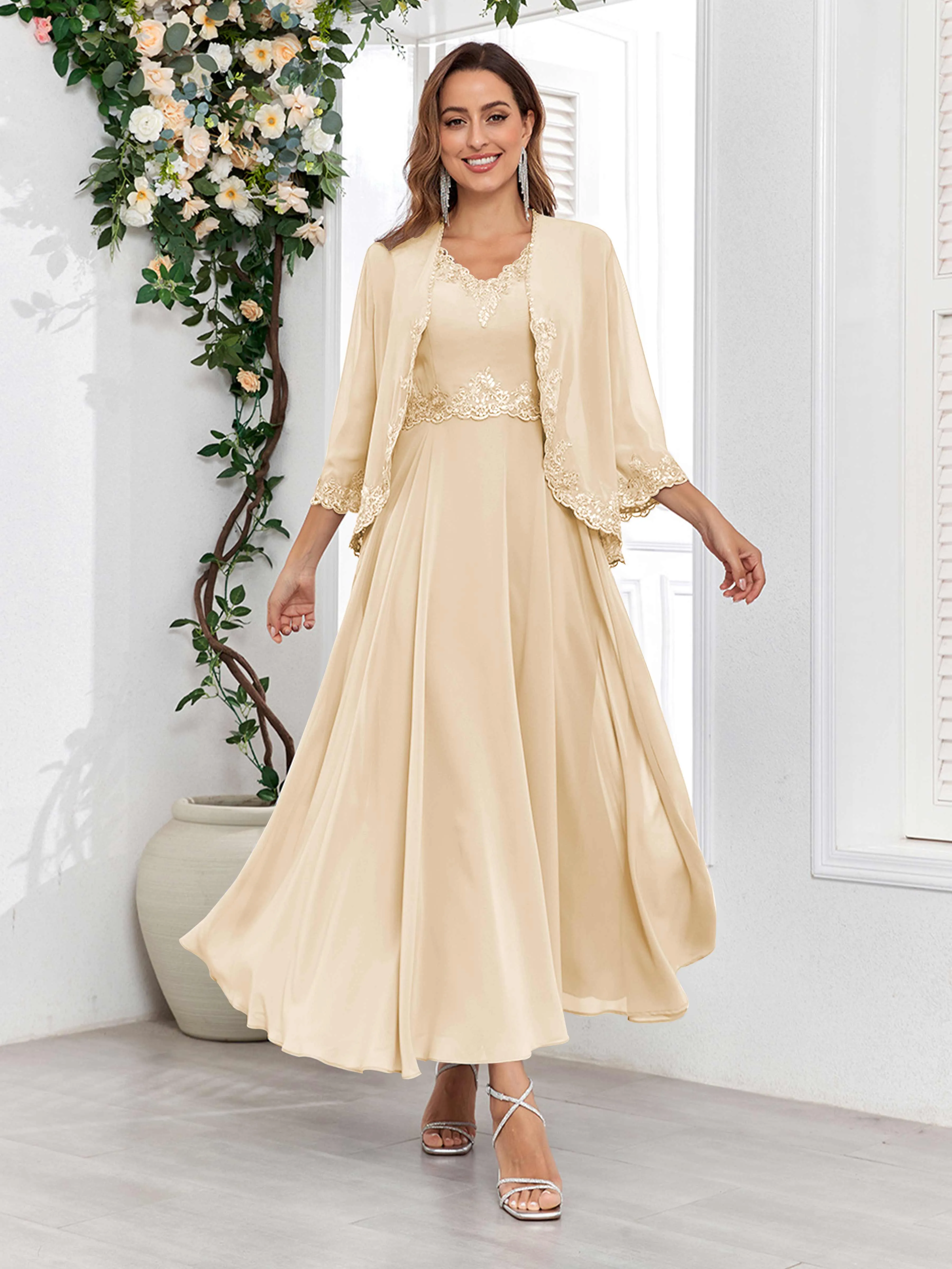 Aisha Enchanting V Neck Two Pieces Appliques Maxi Chiffon Mother Of The Bride Dresses
