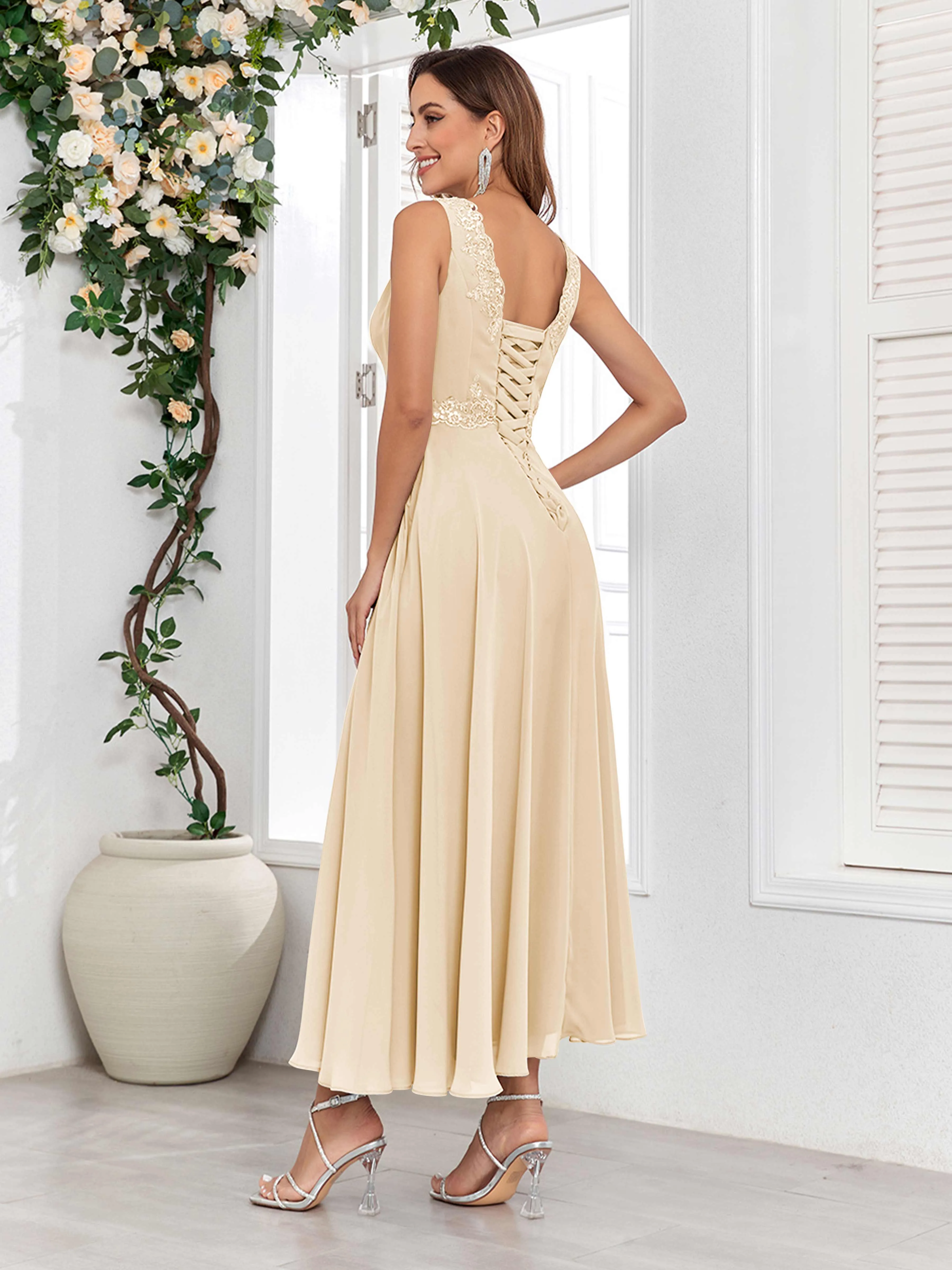 Aisha Enchanting V Neck Two Pieces Appliques Maxi Chiffon Mother Of The Bride Dresses
