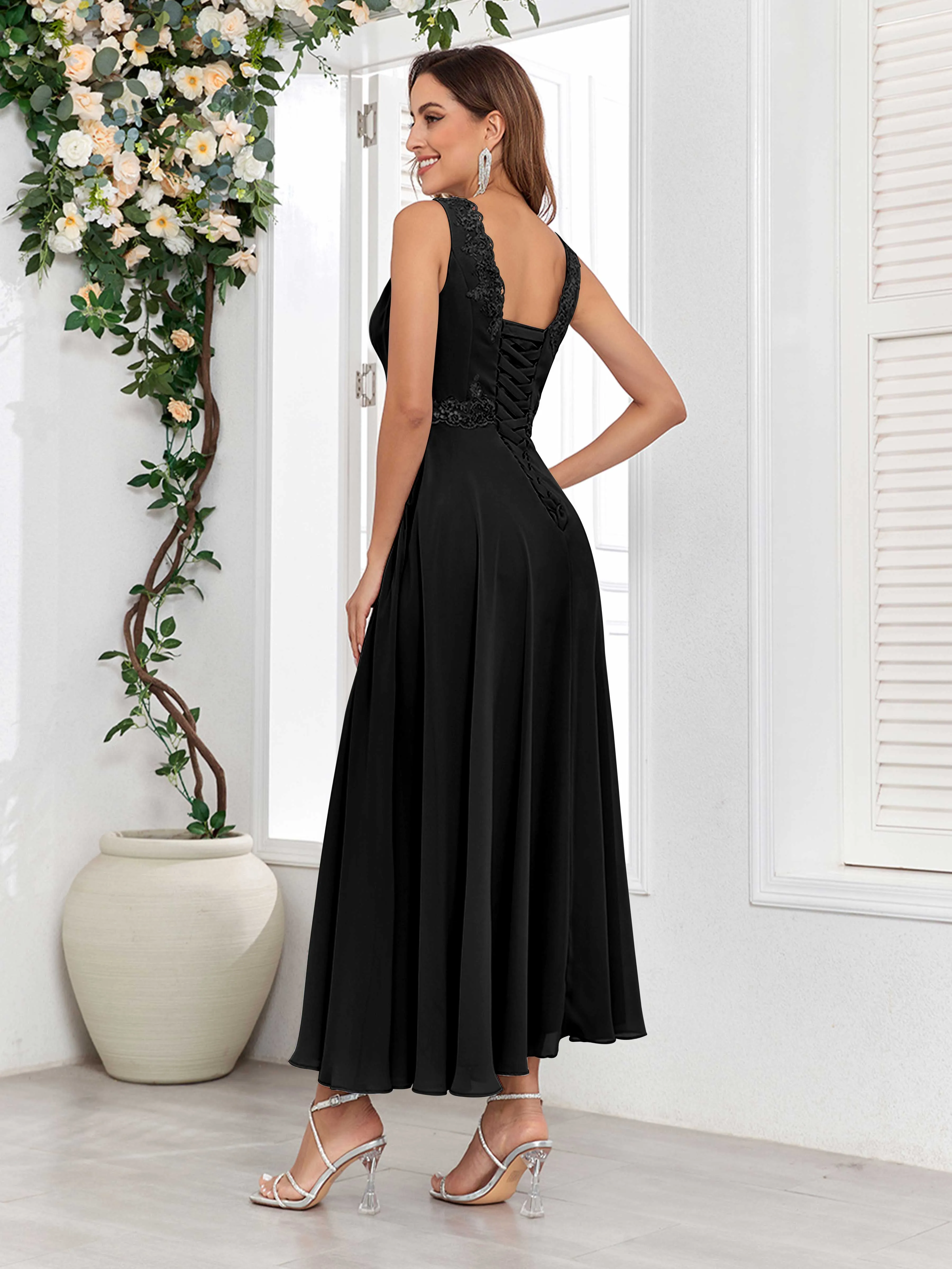 Aisha Enchanting V Neck Two Pieces Appliques Maxi Chiffon Mother Of The Bride Dresses
