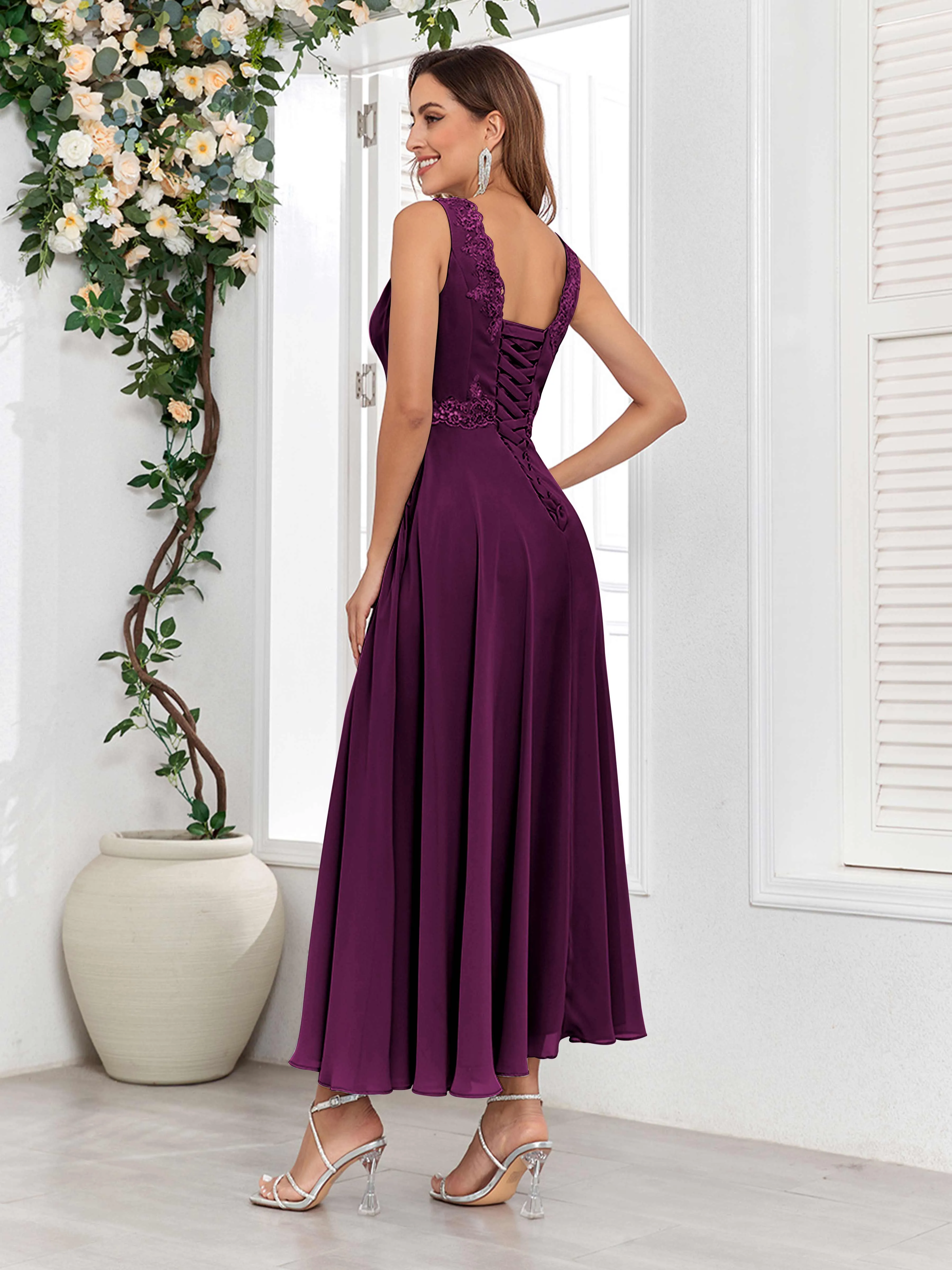 Aisha Enchanting V Neck Two Pieces Appliques Maxi Chiffon Mother Of The Bride Dresses