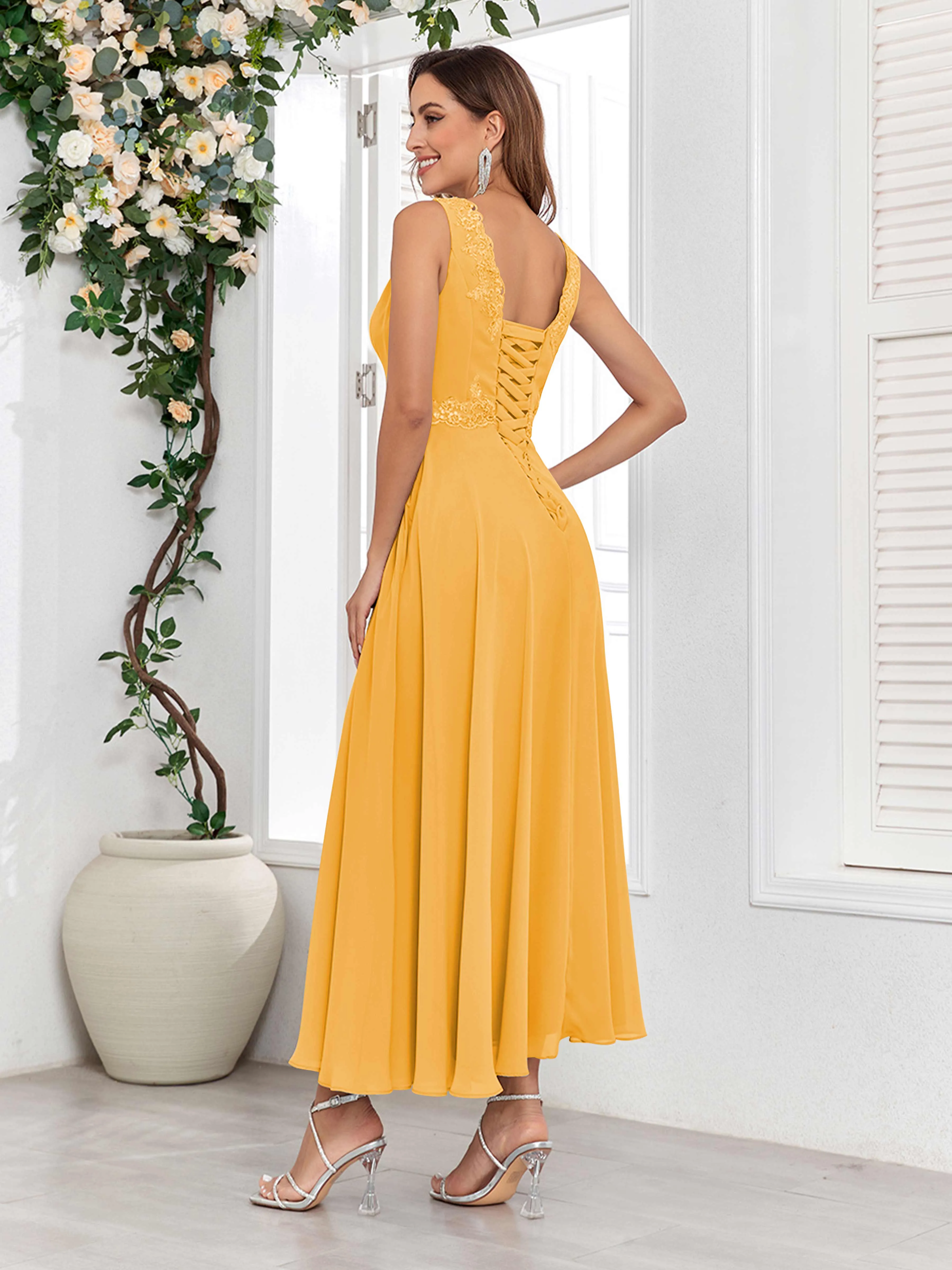 Aisha Enchanting V Neck Two Pieces Appliques Maxi Chiffon Mother Of The Bride Dresses