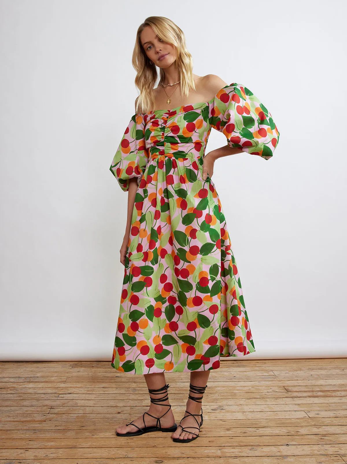 Alexis Multi Cherry Bardot Midi Dress
