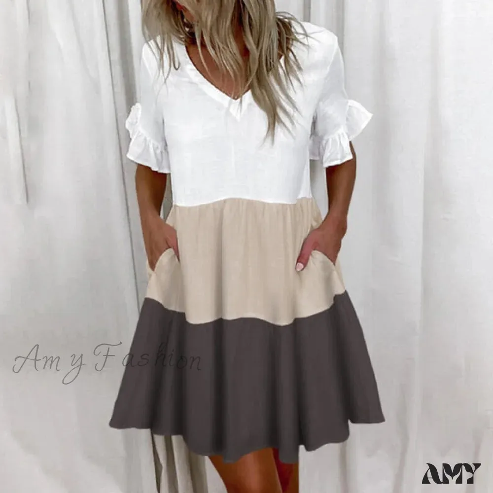 Amy Fashion - Short Sleeve Floral Print Plus Size White Dresses