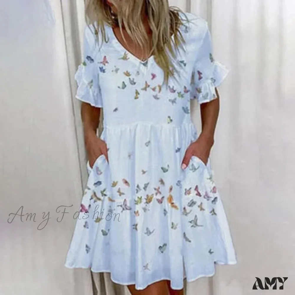 Amy Fashion - Short Sleeve Floral Print Plus Size White Dresses