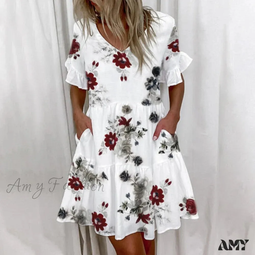 Amy Fashion - Short Sleeve Floral Print Plus Size White Dresses