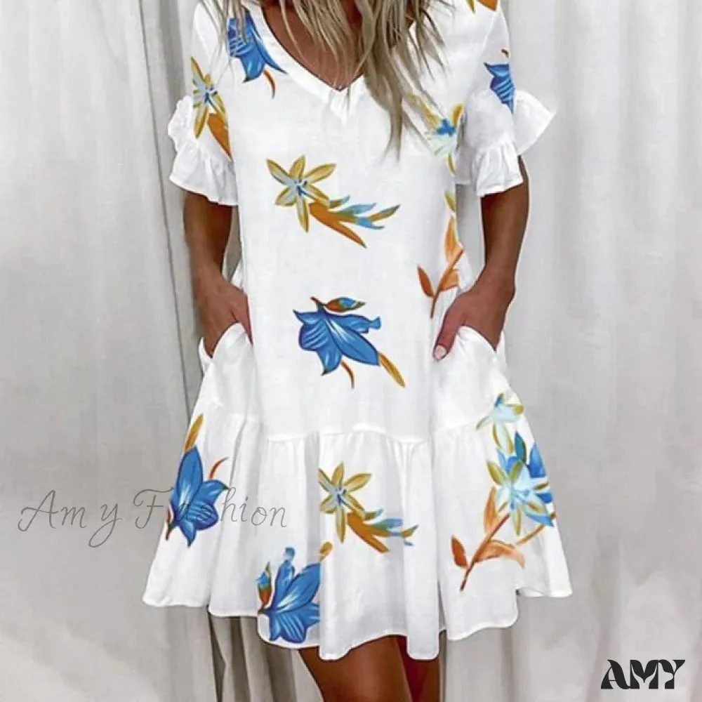 Amy Fashion - Short Sleeve Floral Print Plus Size White Dresses
