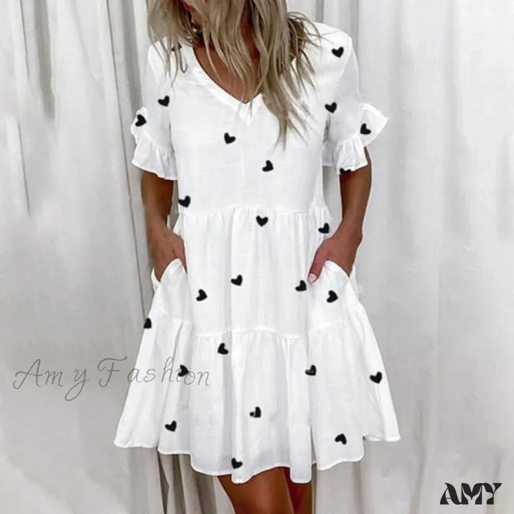 Amy Fashion - Short Sleeve Floral Print Plus Size White Dresses