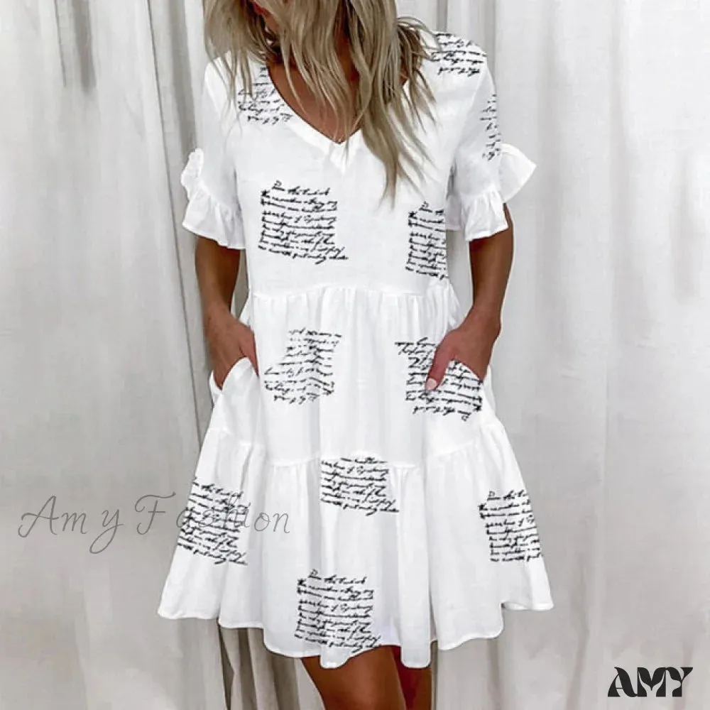 Amy Fashion - Short Sleeve Floral Print Plus Size White Dresses