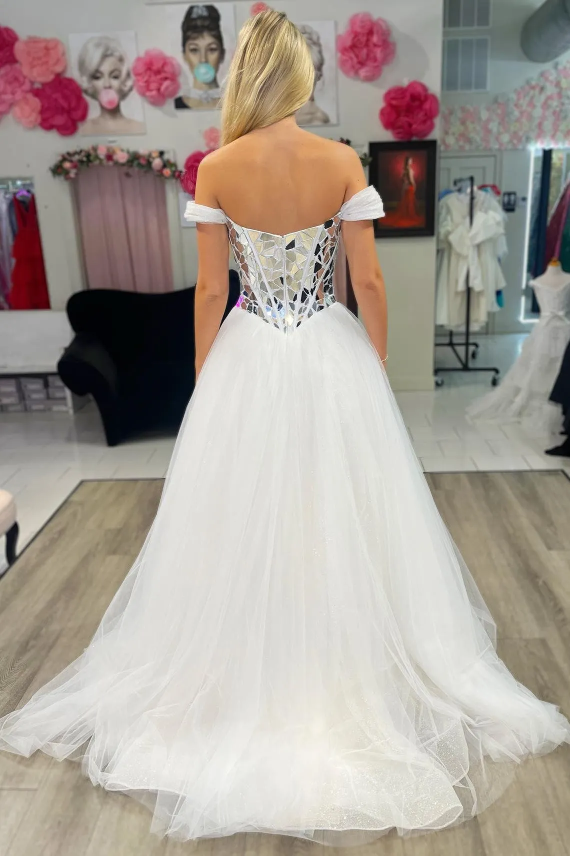 Aylin |A line Off the Shoulder Sequins Tulle Prom Dress