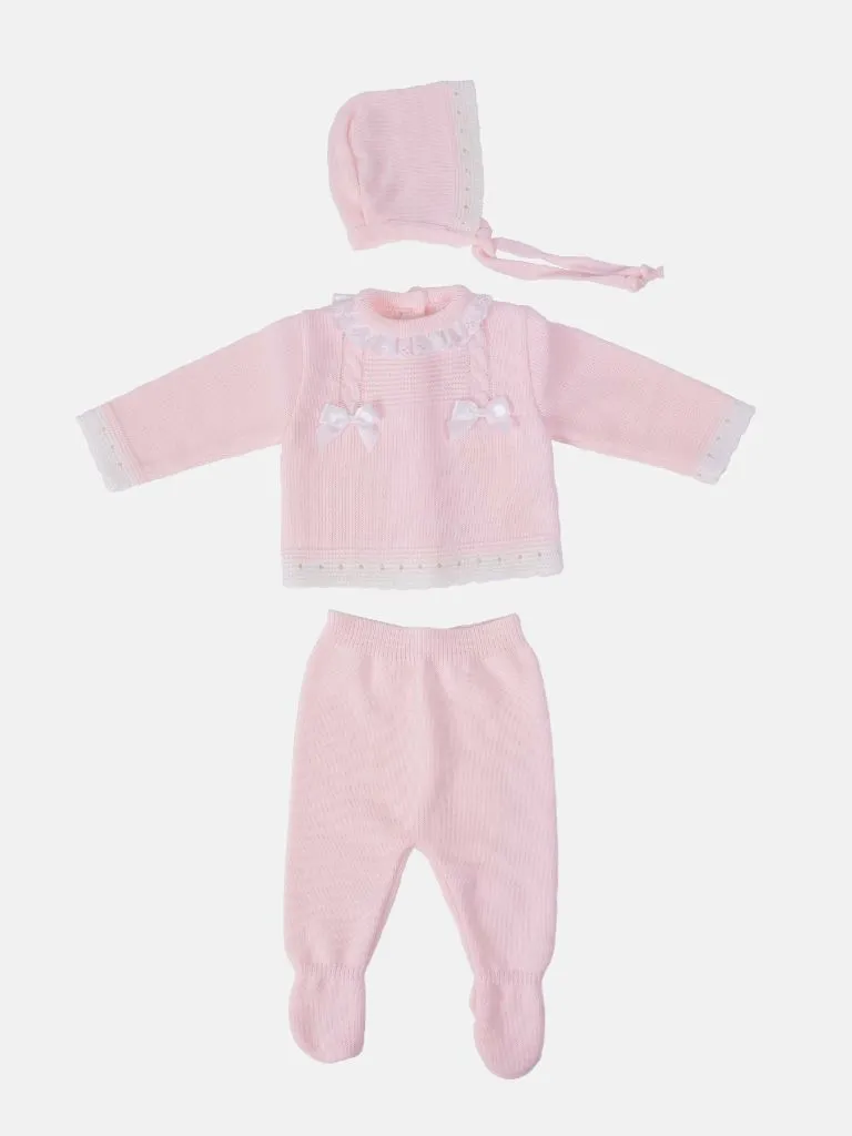 Baby Girl 3-piece Cable Knit Gift Box Set with Bonnet-Baby Pink