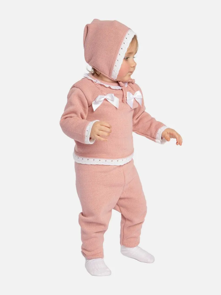 Baby Girl Ana Collection 3-piece Knitted Set with Bonnet-Dusty Pink