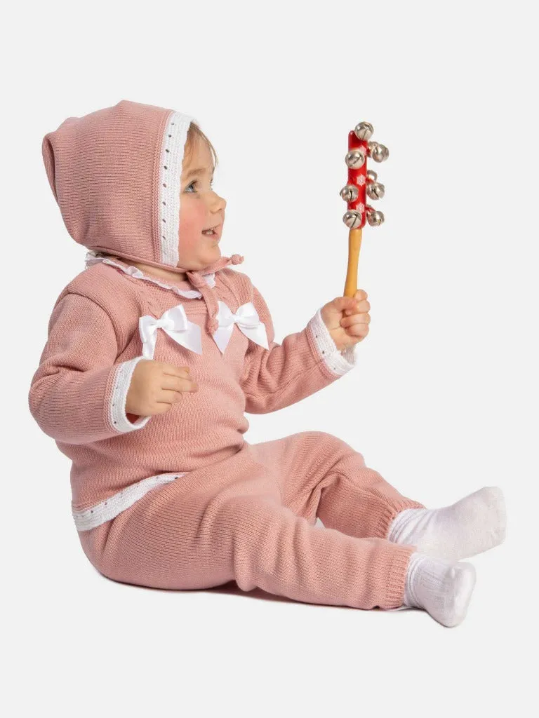 Baby Girl Ana Collection 3-piece Knitted Set with Bonnet-Dusty Pink