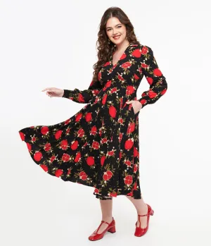 Banned 1940s Black & Red Pomegranate Midi Dress