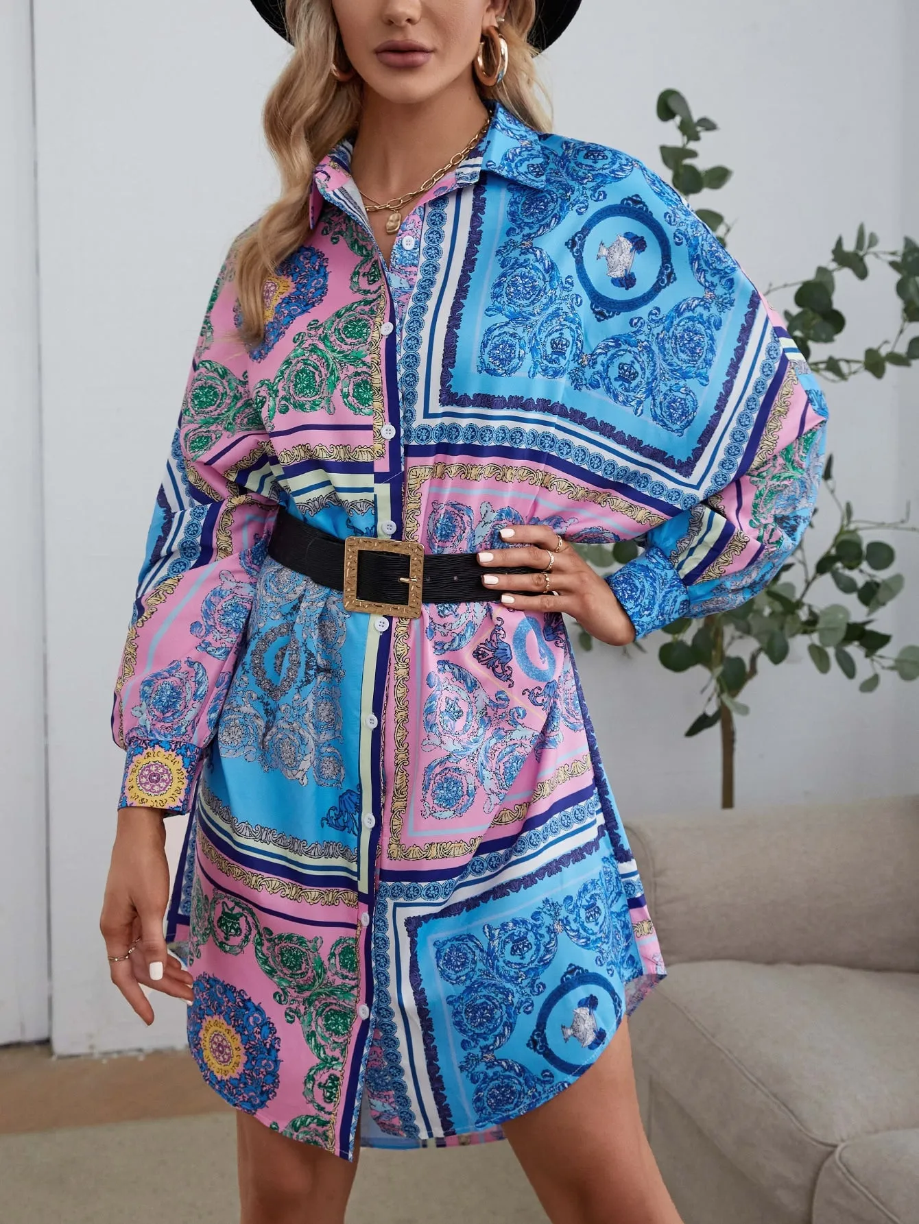 Baroque Button Front Long Sleeve Collar Straight Natural Short Dress