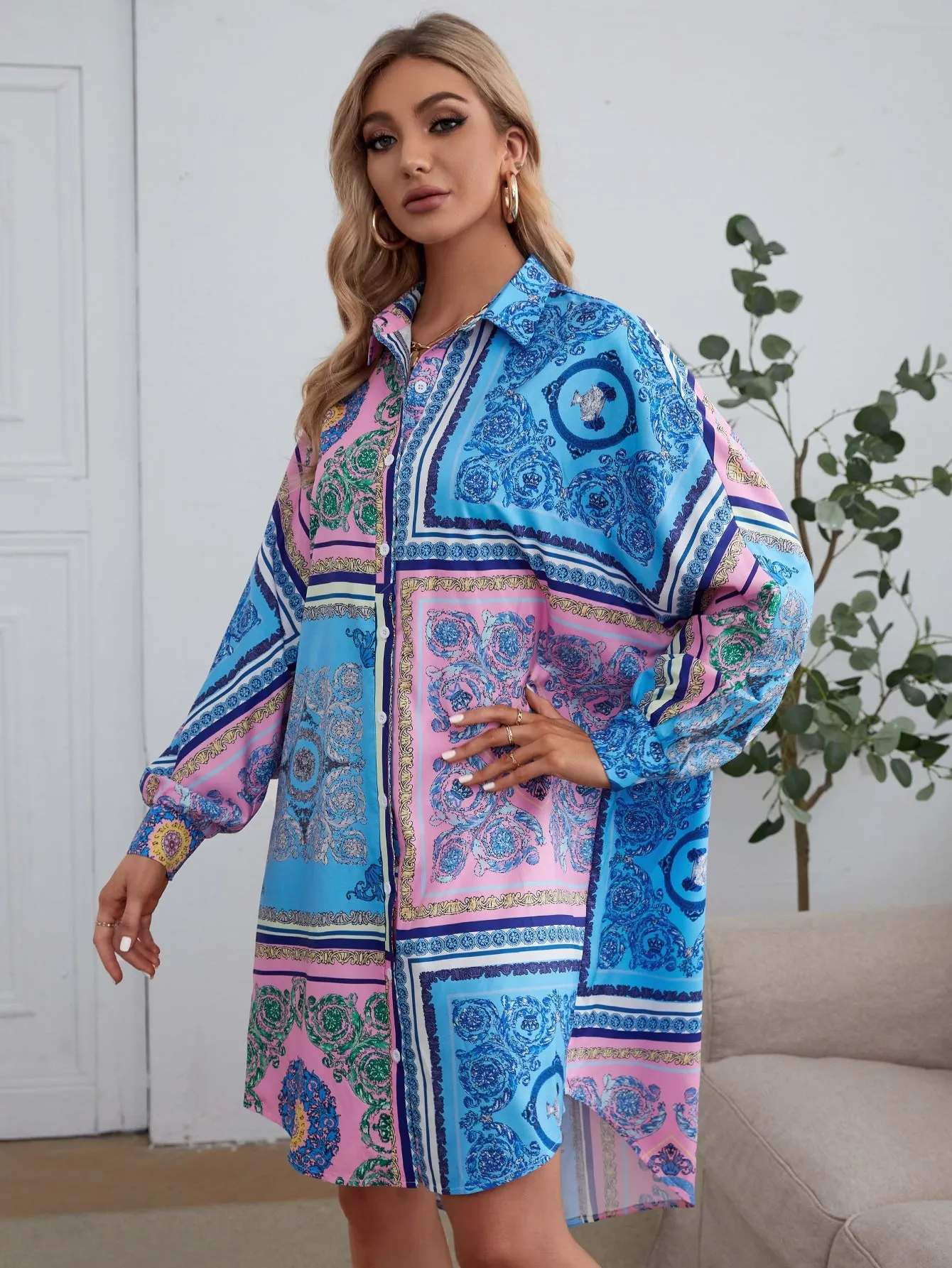 Baroque Button Front Long Sleeve Collar Straight Natural Short Dress