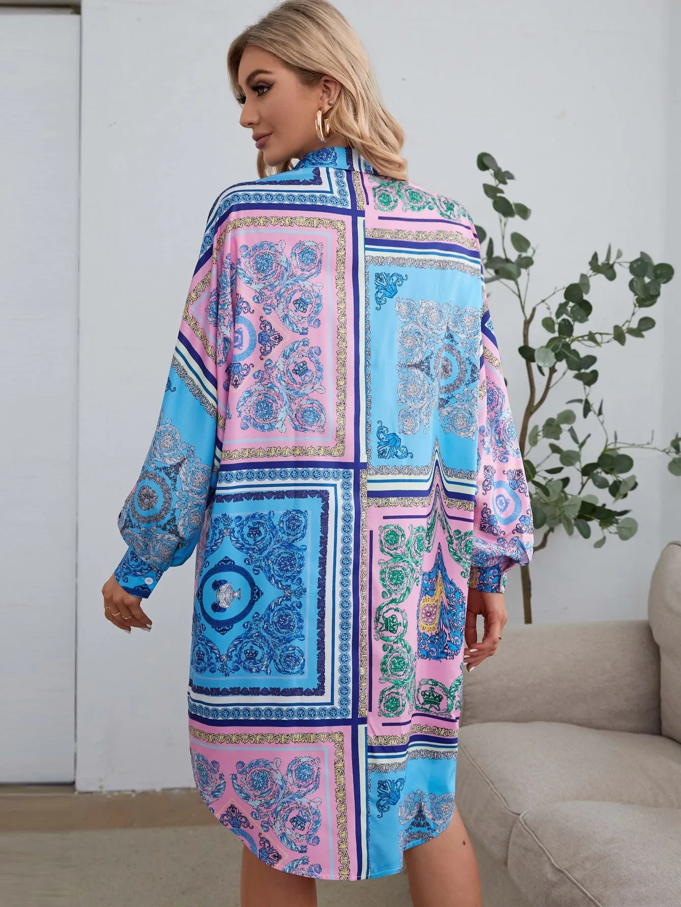 Baroque Button Front Long Sleeve Collar Straight Natural Short Dress