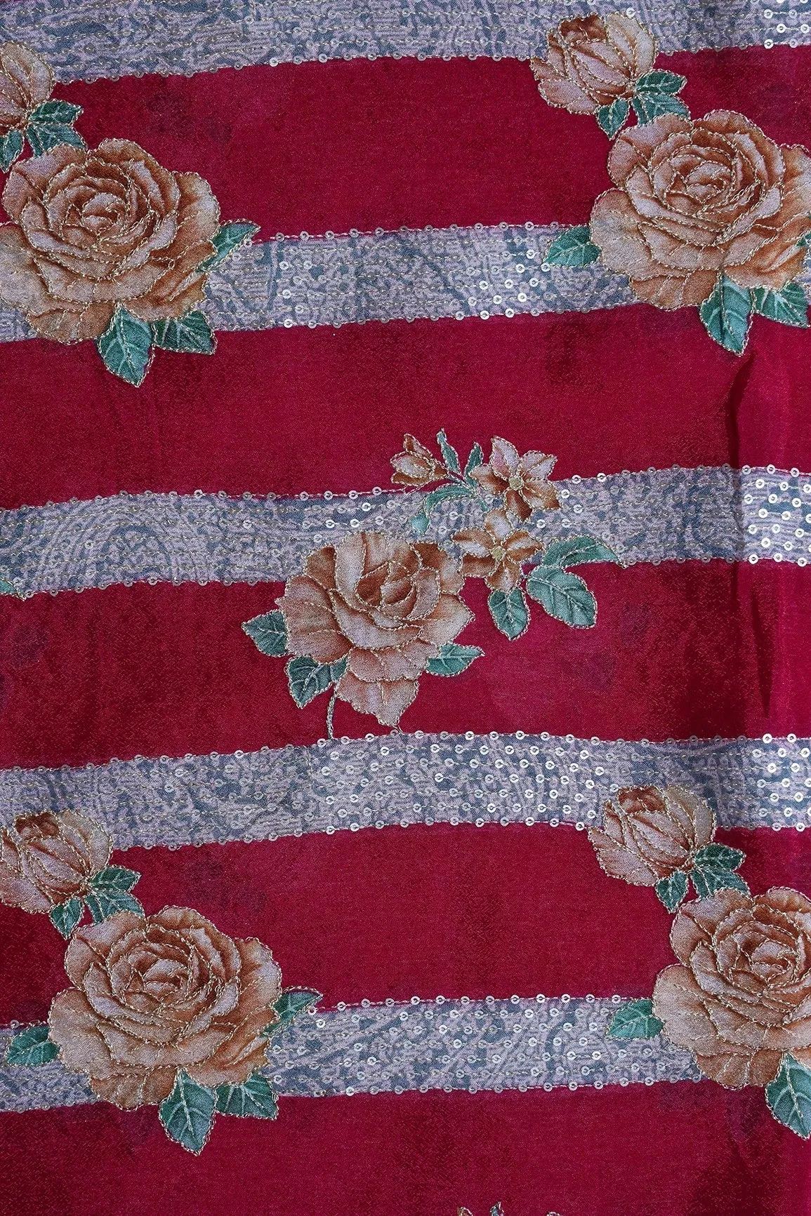 Beautiful Floral With Stripes Position Print On Sequins Embroidery Fuchsia Viscose Chinnon Chiffon Fabric
