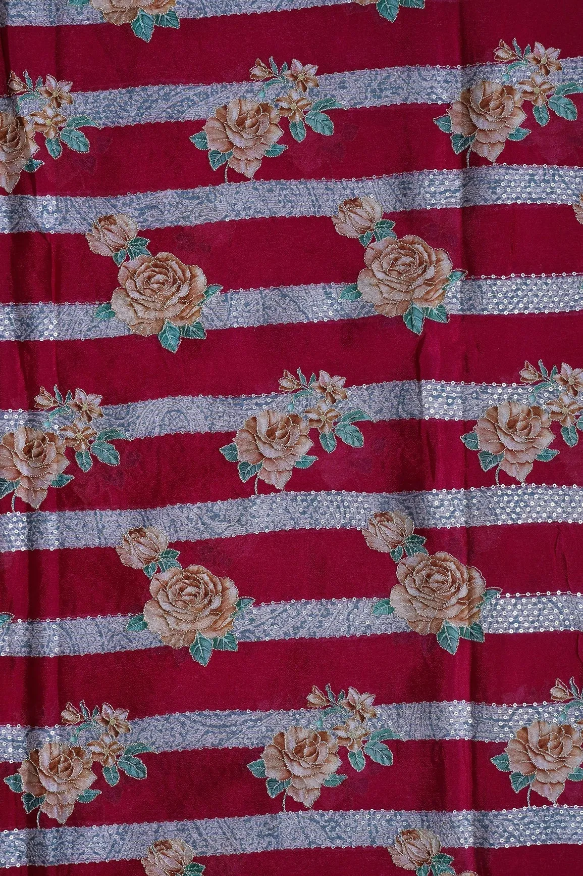 Beautiful Floral With Stripes Position Print On Sequins Embroidery Fuchsia Viscose Chinnon Chiffon Fabric