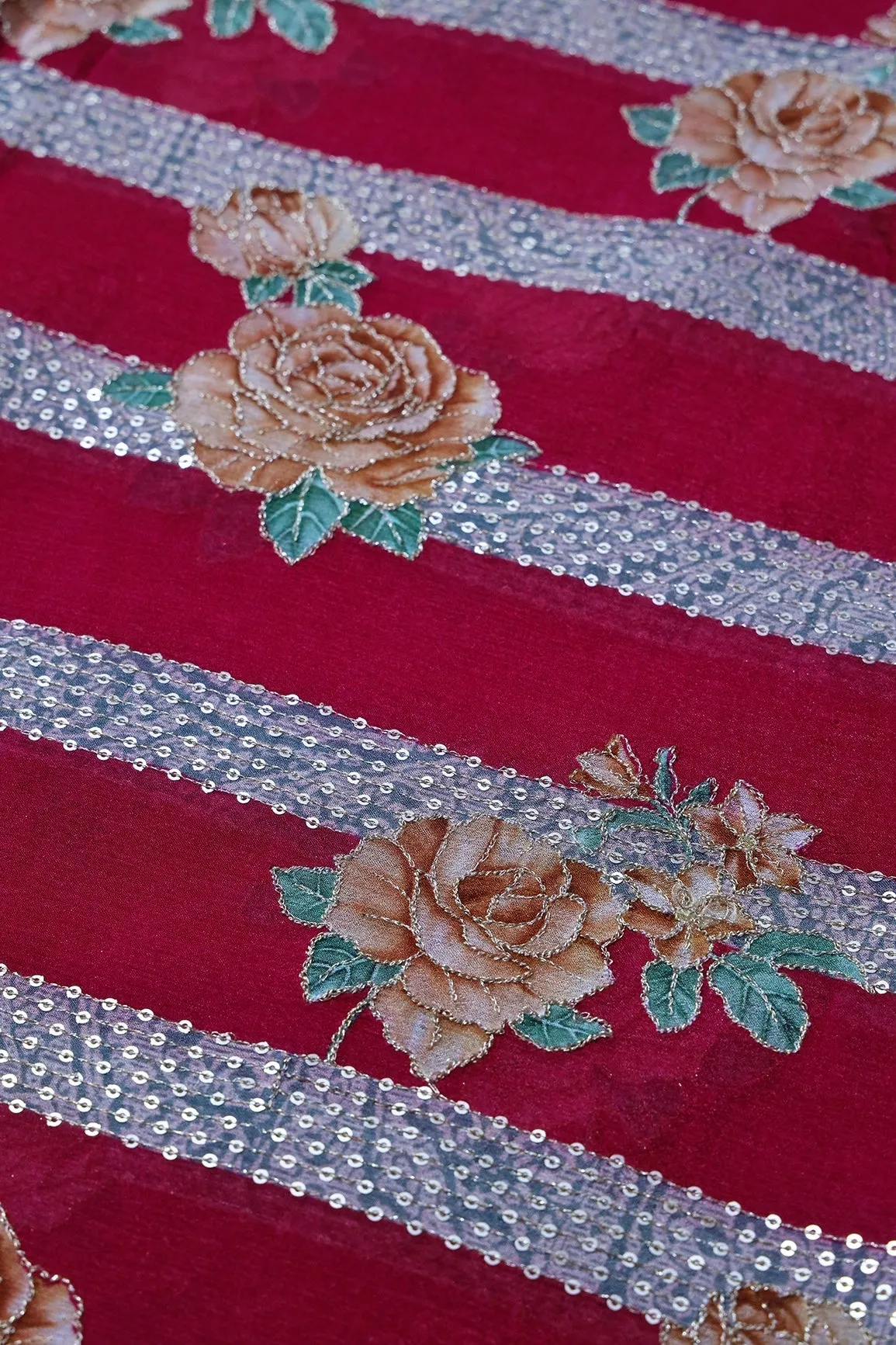 Beautiful Floral With Stripes Position Print On Sequins Embroidery Fuchsia Viscose Chinnon Chiffon Fabric