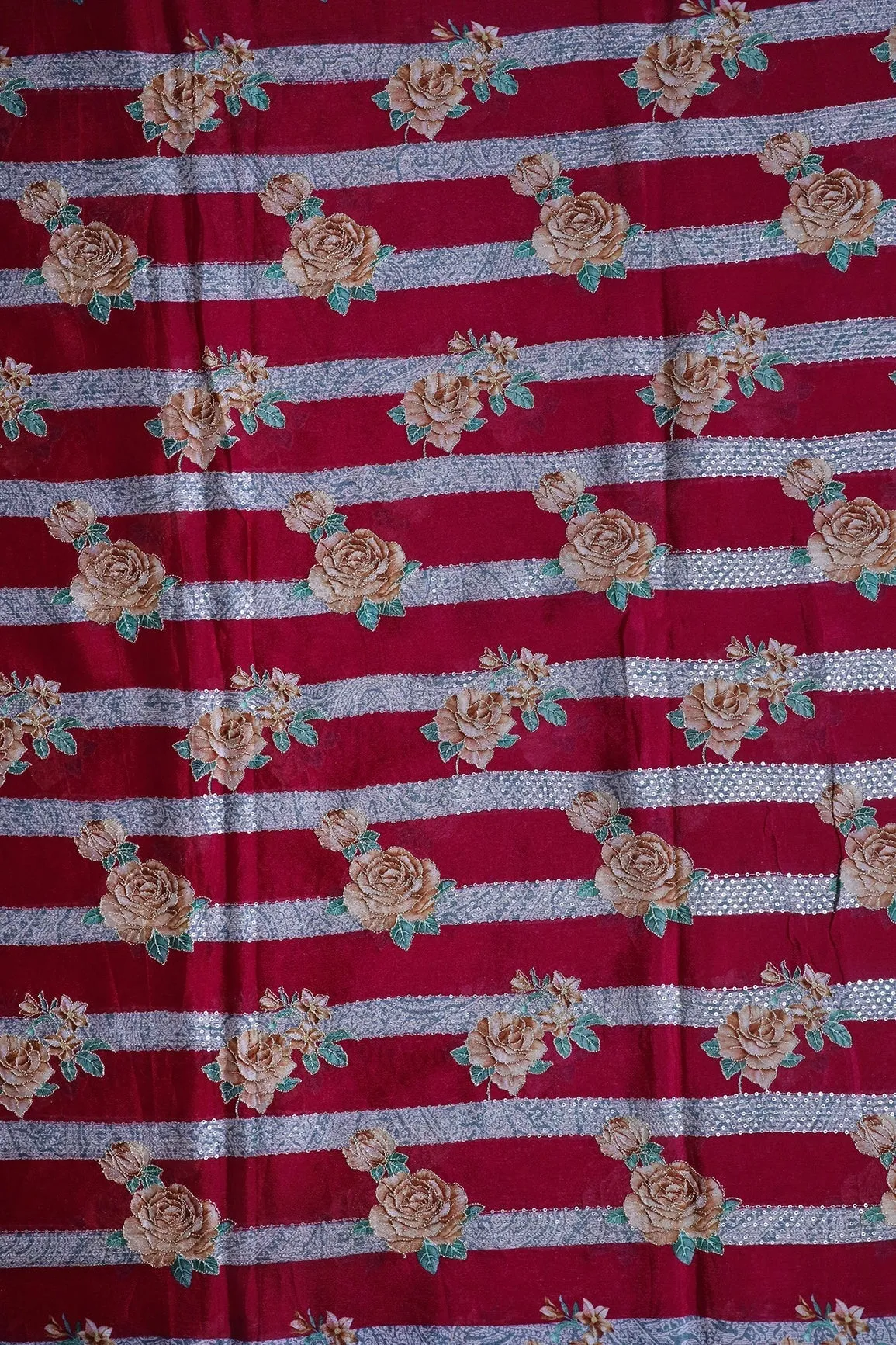 Beautiful Floral With Stripes Position Print On Sequins Embroidery Fuchsia Viscose Chinnon Chiffon Fabric