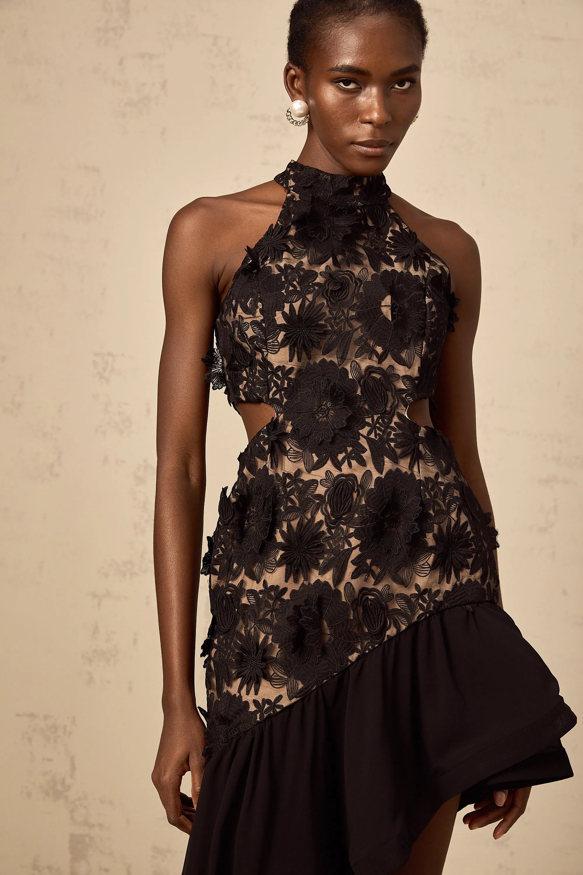 Bernadette black floral-appliqu asymmetric midi dress