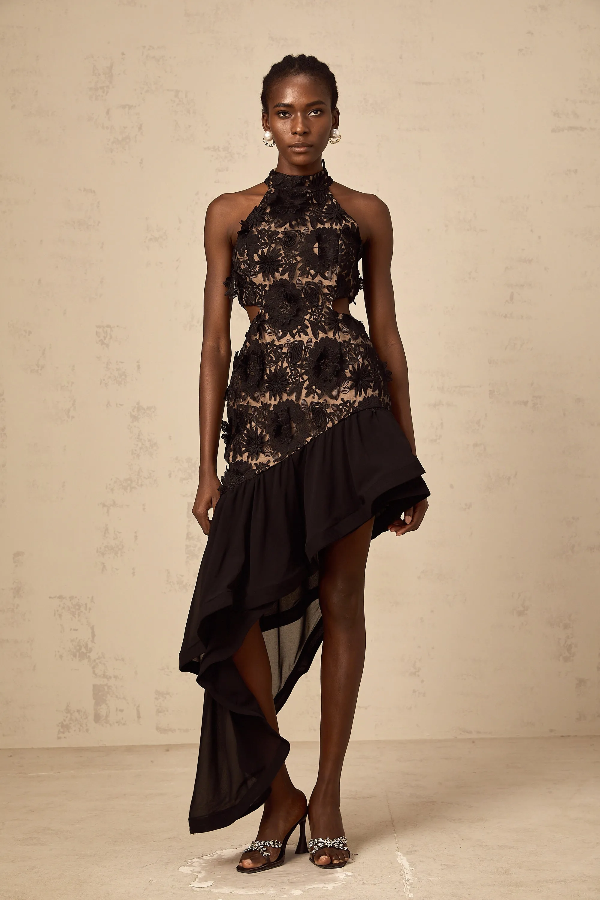 Bernadette black floral-appliqu asymmetric midi dress