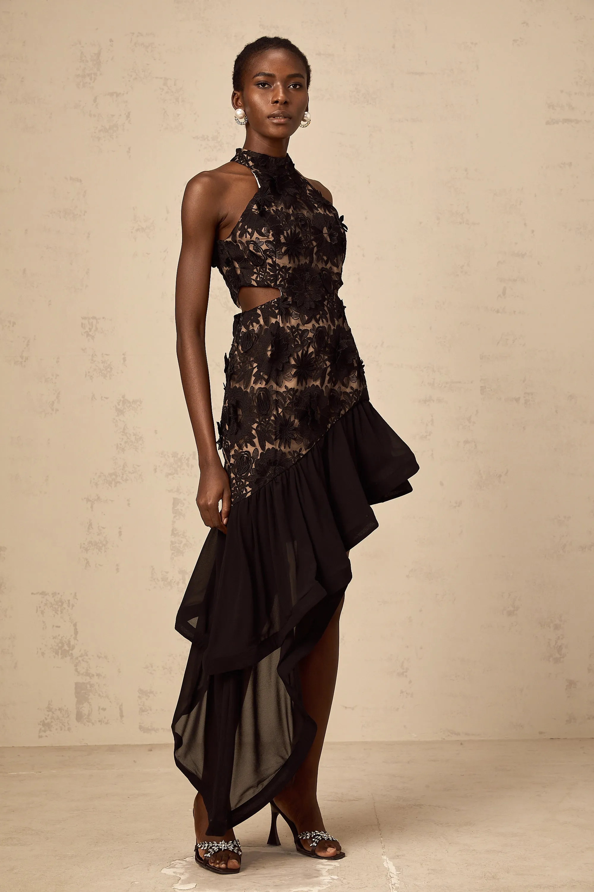 Bernadette black floral-appliqu asymmetric midi dress