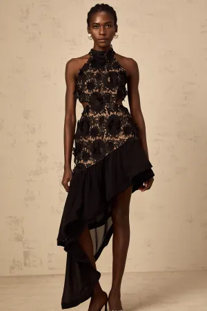 Bernadette black floral-appliqu asymmetric midi dress