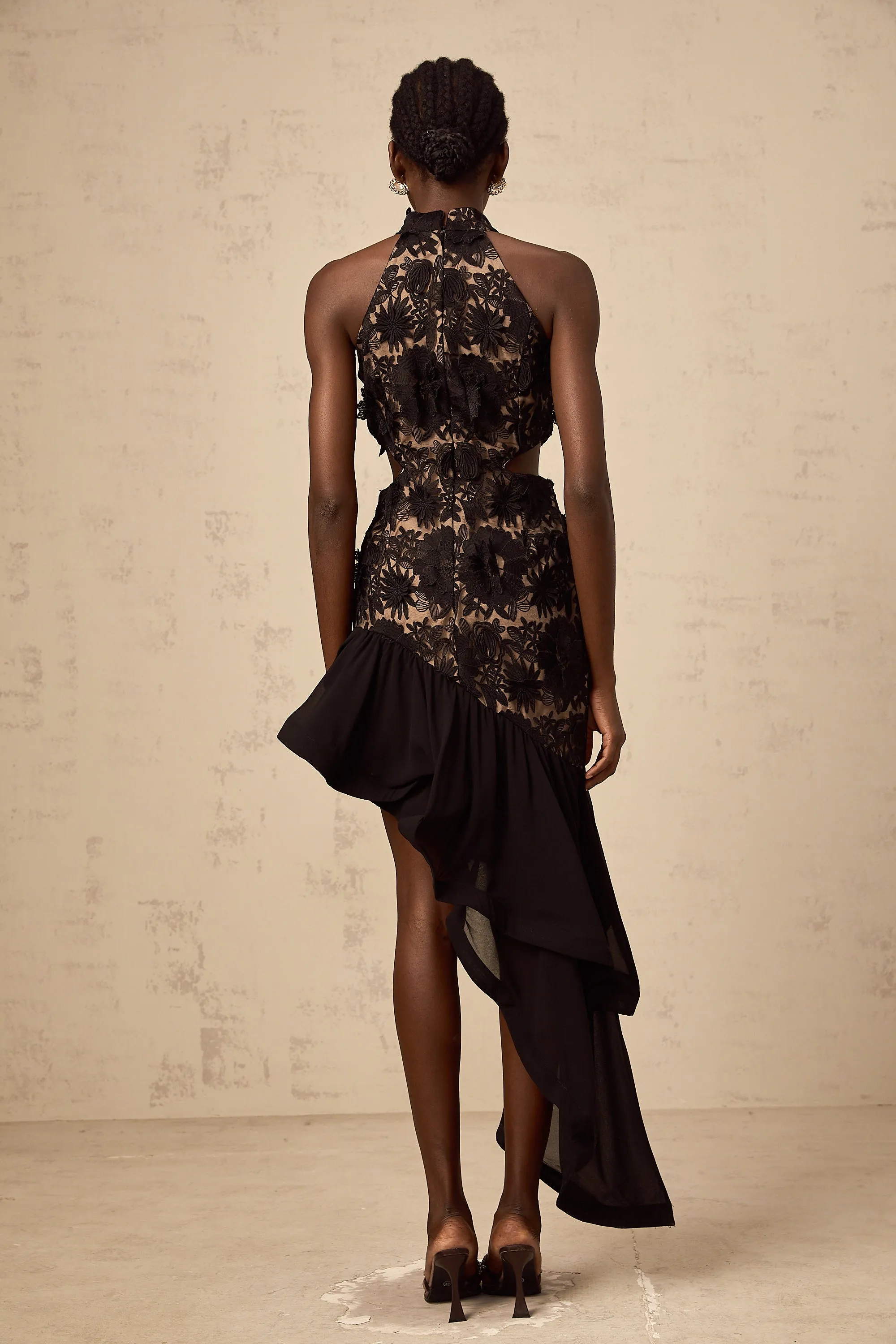 Bernadette black floral-appliqu asymmetric midi dress