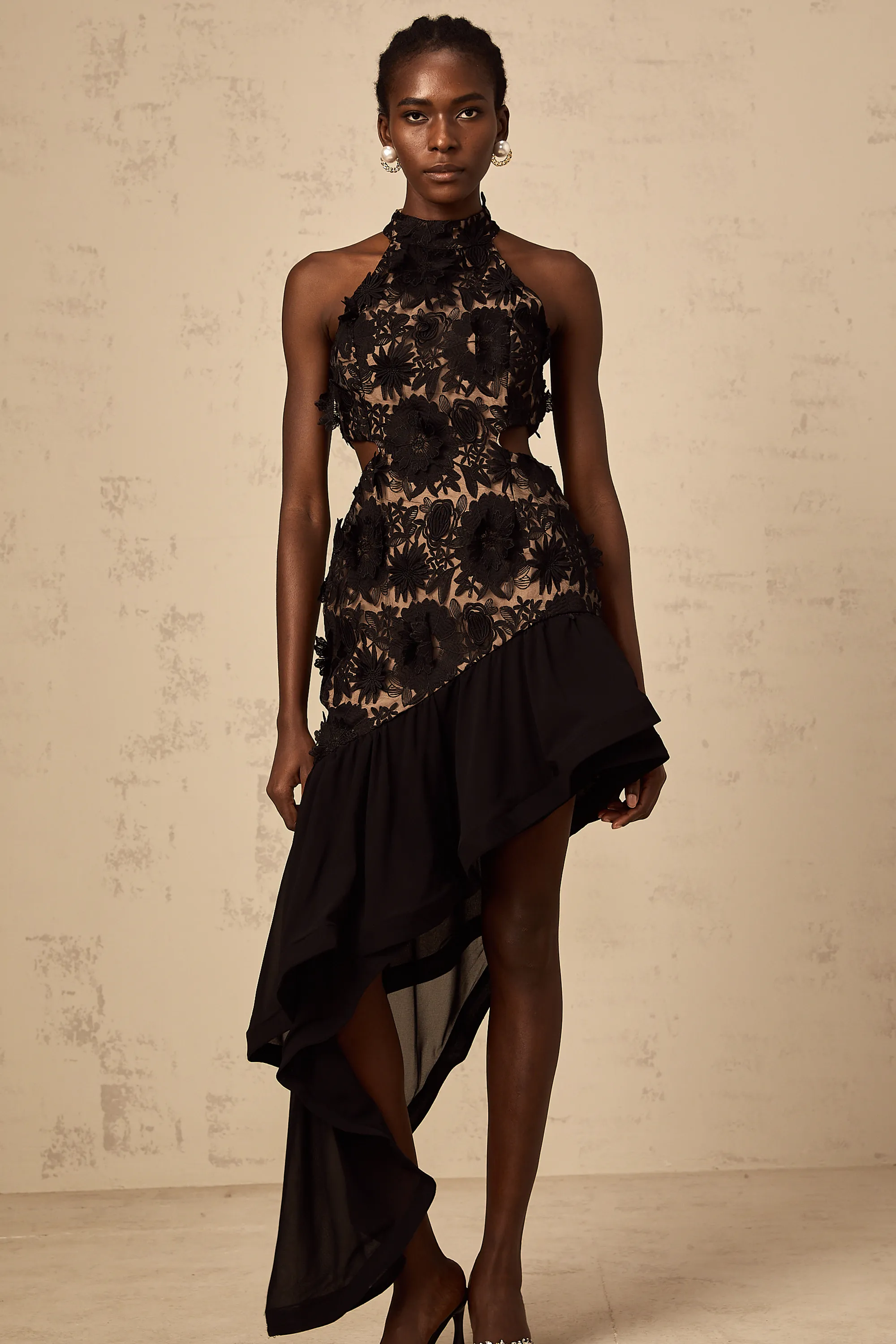 Bernadette black floral-appliqu asymmetric midi dress