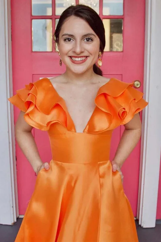 Betsy | Hot Pink V-Neck Ruffle A-Line Long Prom Dress