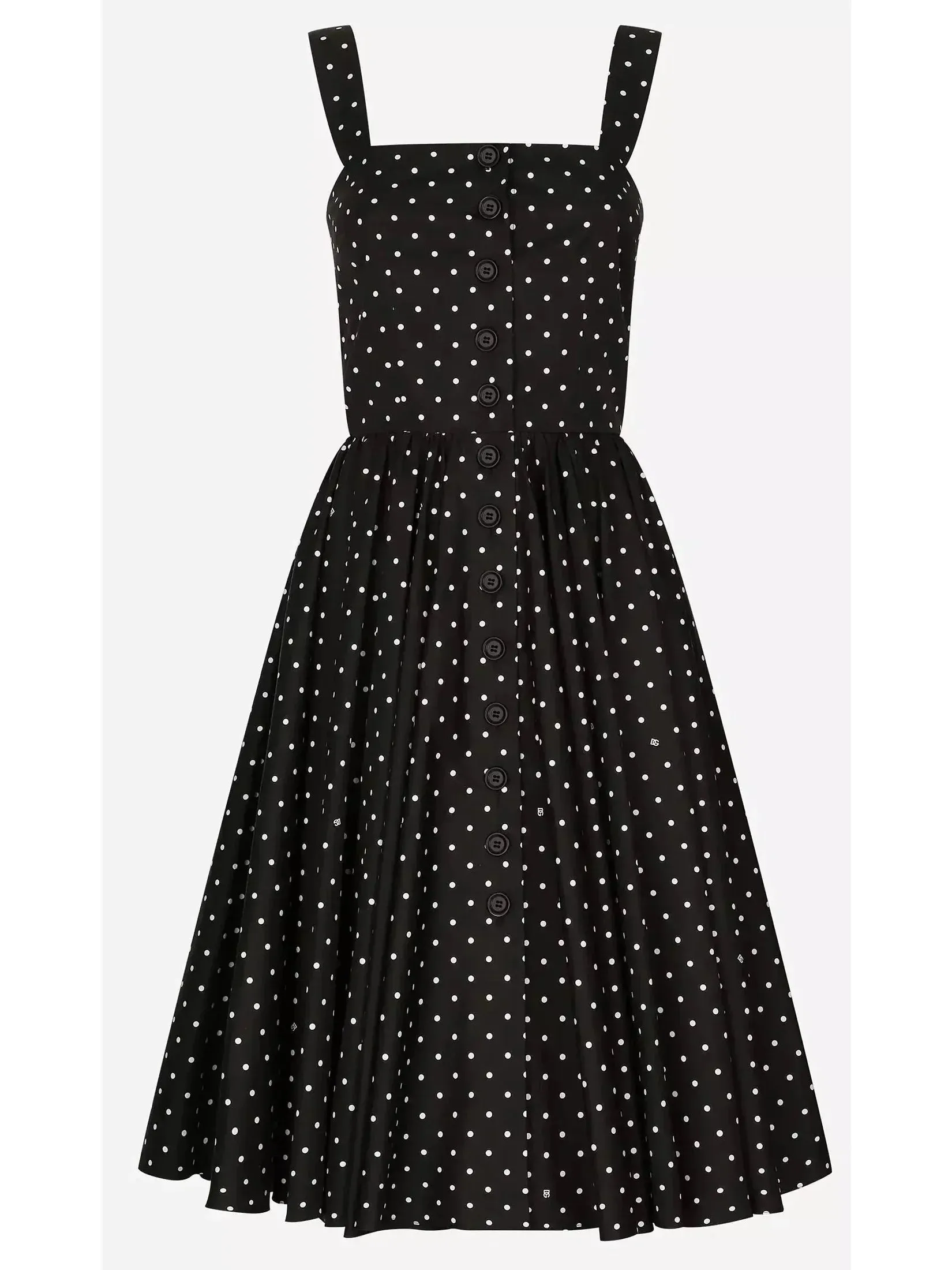 Black and White Calf-Length Cotton Poplin Dress with Polka-Dot Print