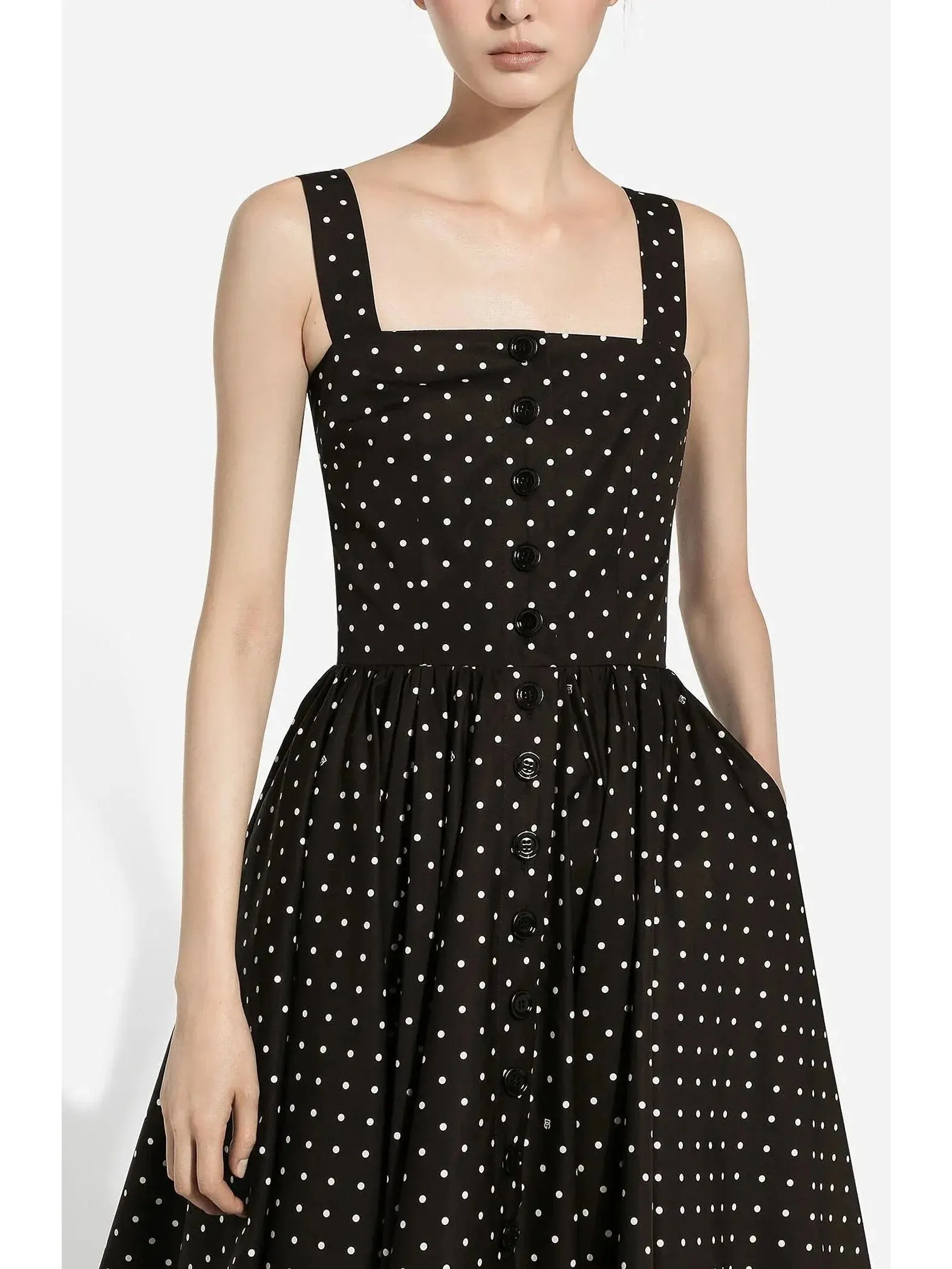 Black and White Calf-Length Cotton Poplin Dress with Polka-Dot Print
