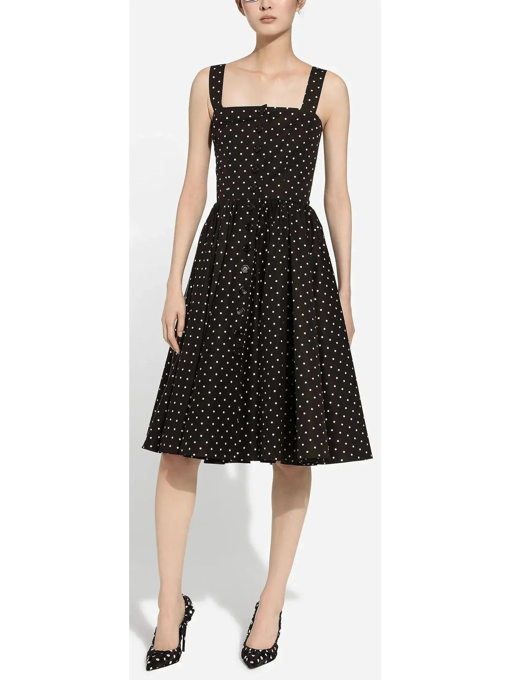 Black and White Calf-Length Cotton Poplin Dress with Polka-Dot Print