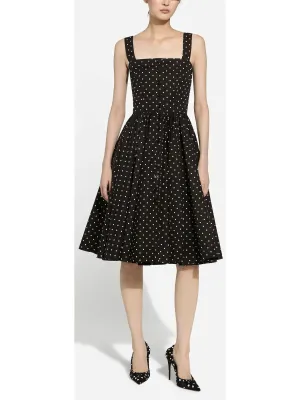 Black and White Calf-Length Cotton Poplin Dress with Polka-Dot Print