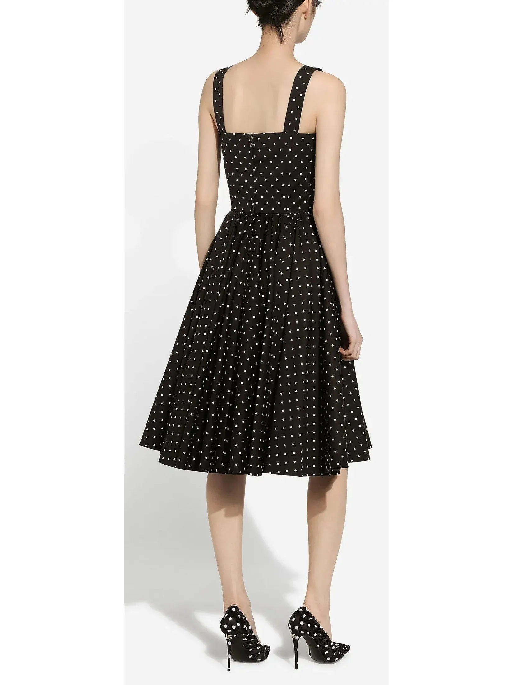 Black and White Calf-Length Cotton Poplin Dress with Polka-Dot Print