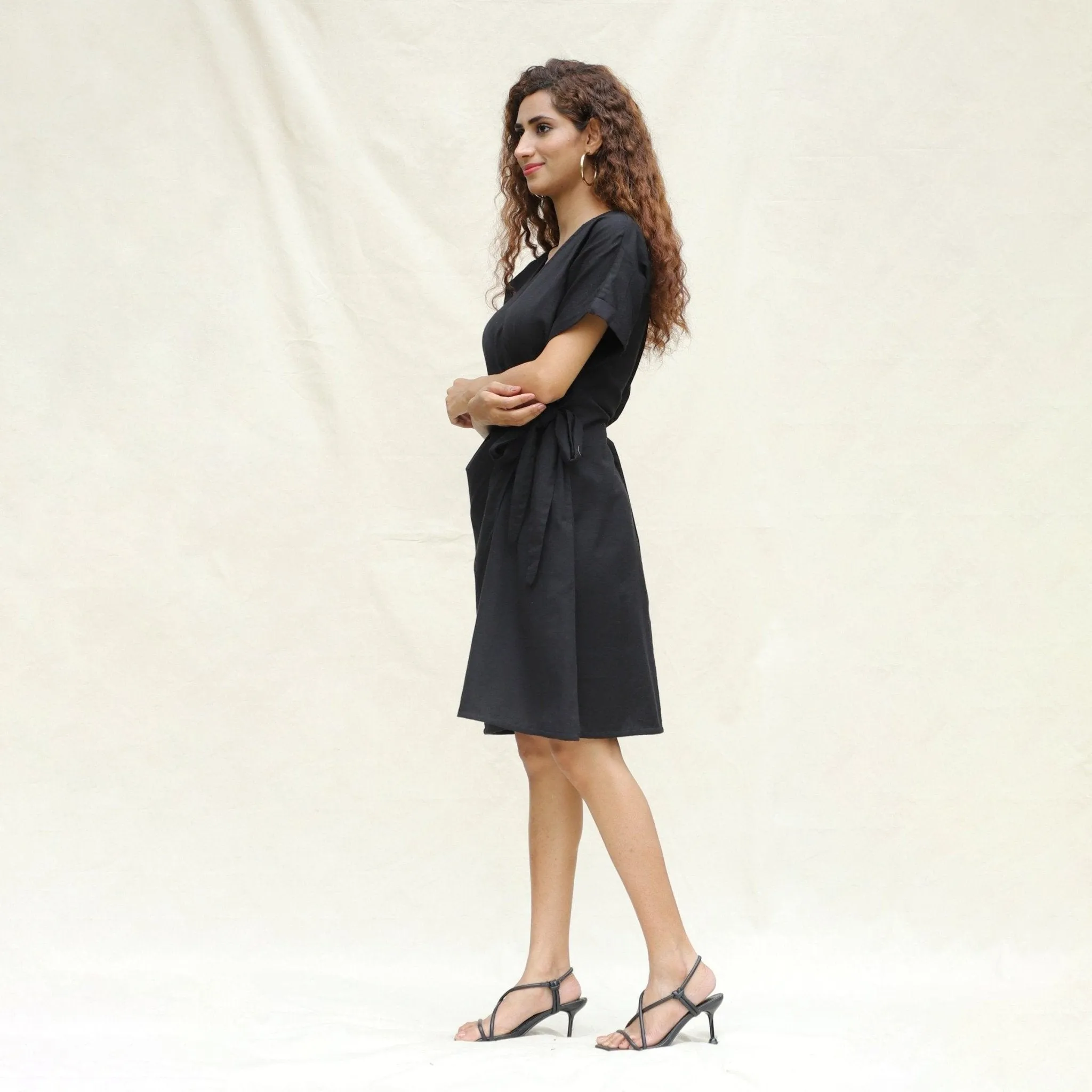 Black Cotton Flax A-Line Knee Length Wrap Dress