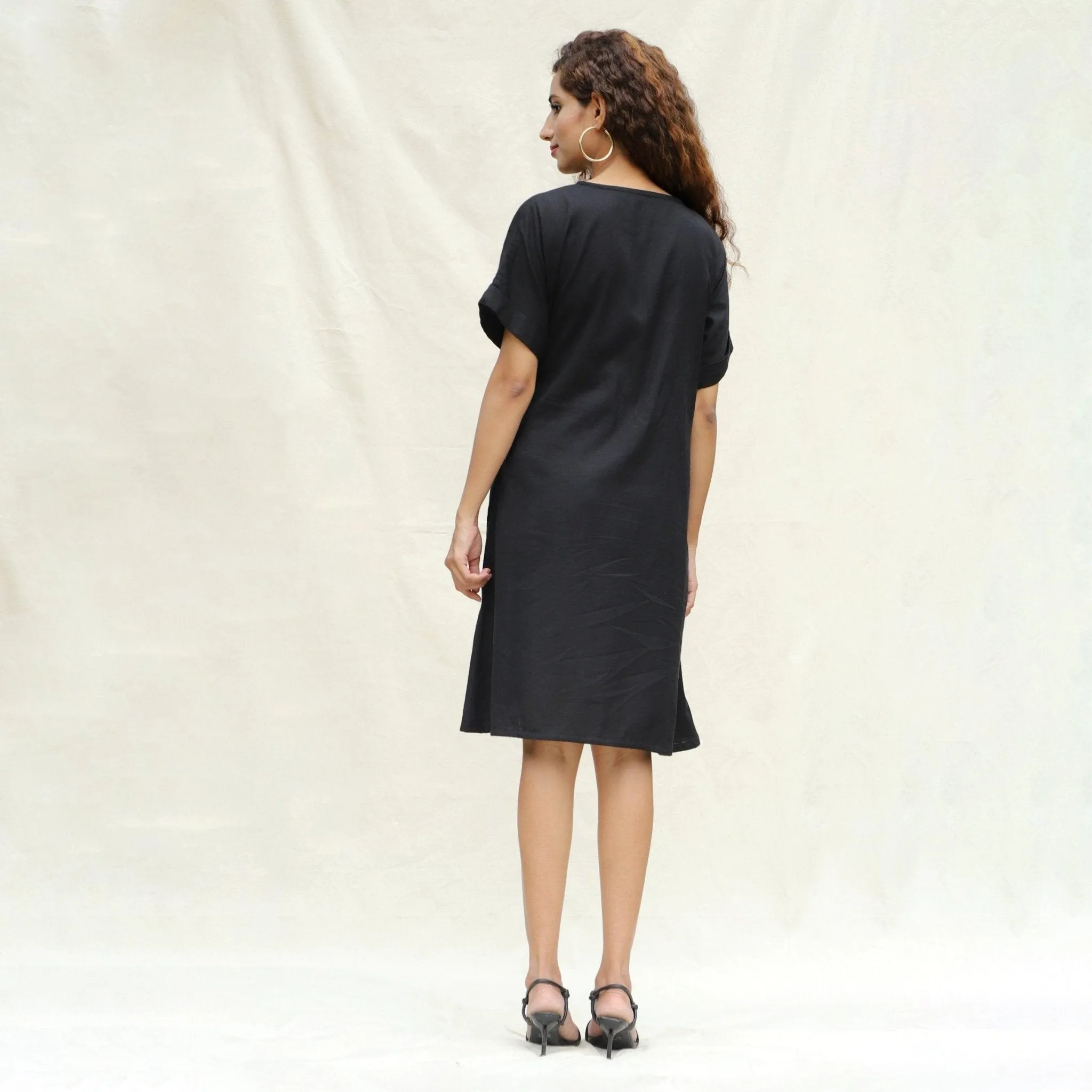 Black Cotton Flax A-Line Knee Length Wrap Dress