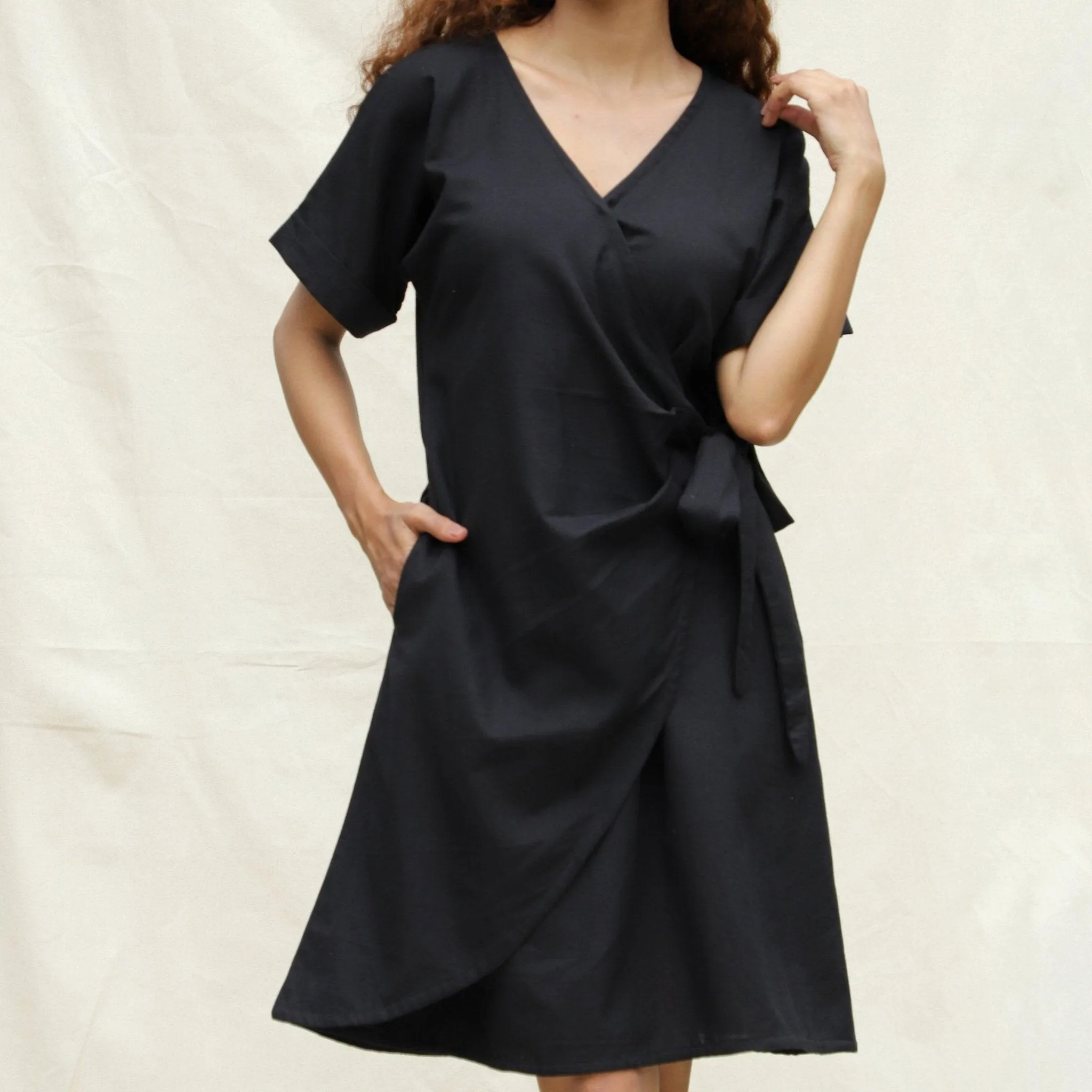 Black Cotton Flax A-Line Knee Length Wrap Dress