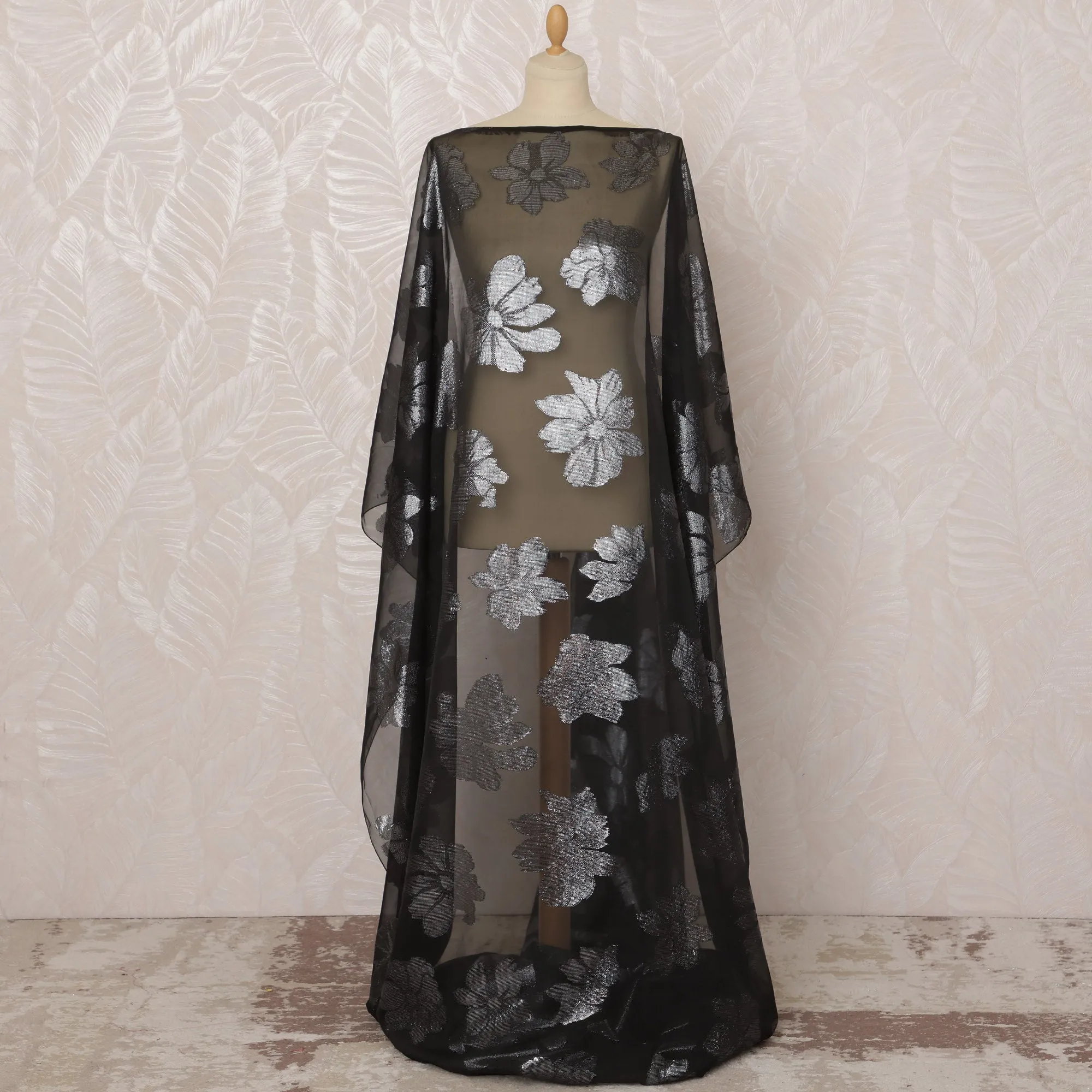 Black Somali Silk (Fransawi) Chiffon Dirac Fabric with Metallic Lurex, 3.5 Meters, 140 cm Width-D20905