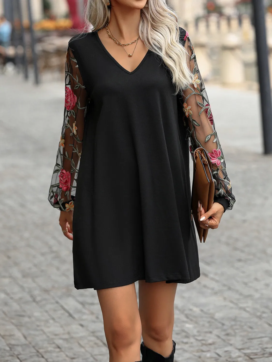 Black V-Neck Embroidered Sheer Long Sleeve Mini Dress Women's Boho Fashion Casual-wear