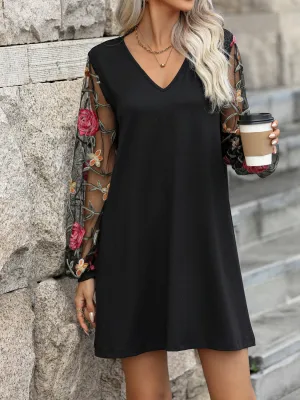 Black V-Neck Embroidered Sheer Long Sleeve Mini Dress Women's Boho Fashion Casual-wear