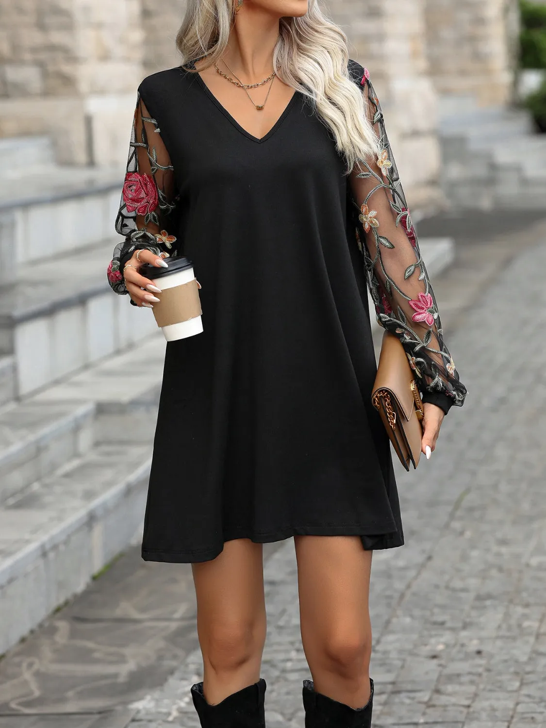 Black V-Neck Embroidered Sheer Long Sleeve Mini Dress Women's Boho Fashion Casual-wear