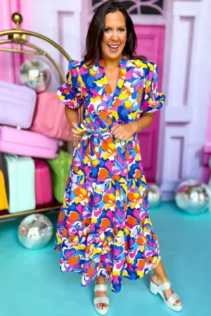 Blue Printed Poplin V Front Button Down Puff Sleeve Tie Midi Dress *FINAL SALE*