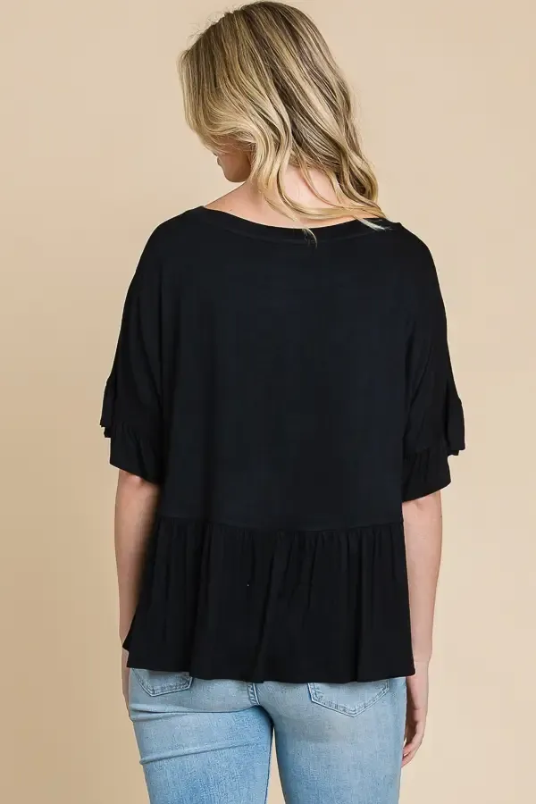 Boat Neck Tiered Ruffle Sleeve Top Black