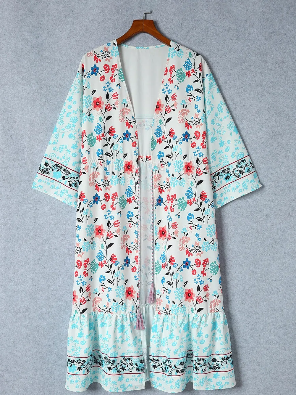 Bohemian Floral Print Tassel Kimono with Long Sleeves