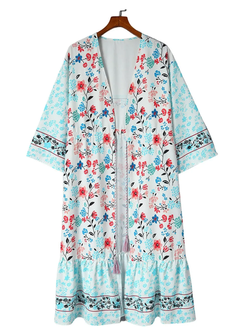 Bohemian Floral Print Tassel Kimono with Long Sleeves