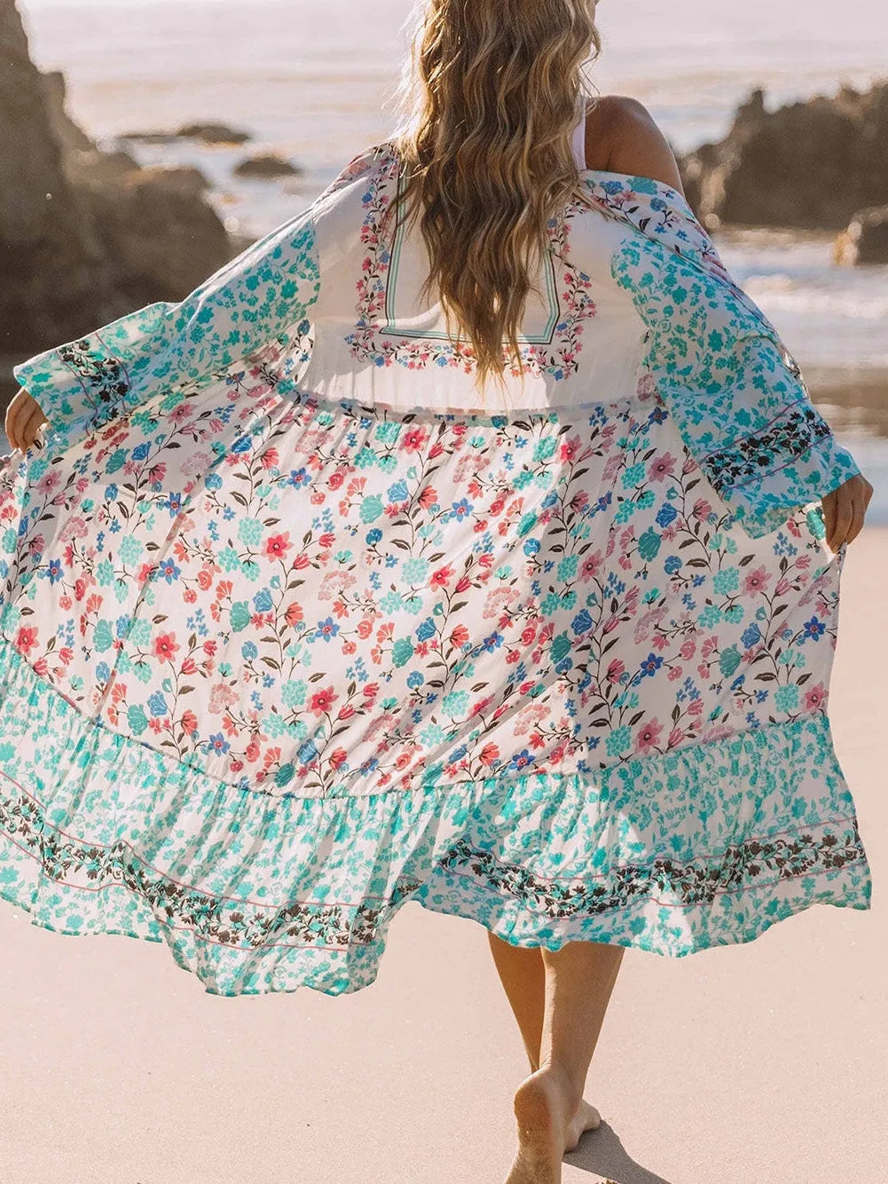 Bohemian Floral Print Tassel Kimono with Long Sleeves