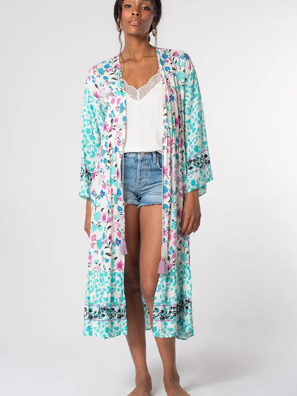 Bohemian Floral Print Tassel Kimono with Long Sleeves