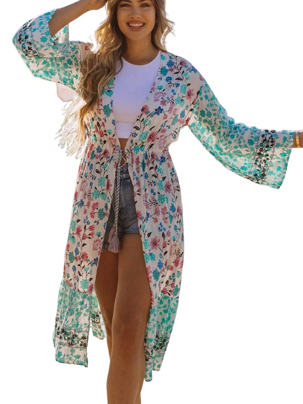 Bohemian Floral Print Tassel Kimono with Long Sleeves
